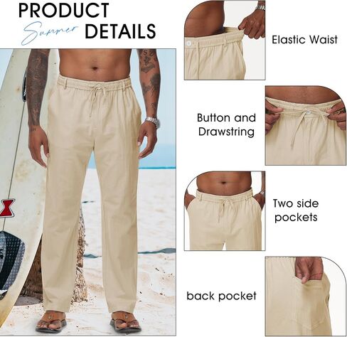 Durio Mens Casual Linen Pants Elastic Waist Lightweight Linen Beach Pants Straight Leg Casual Pants Summer Beach Yoga in Saudi Arabia