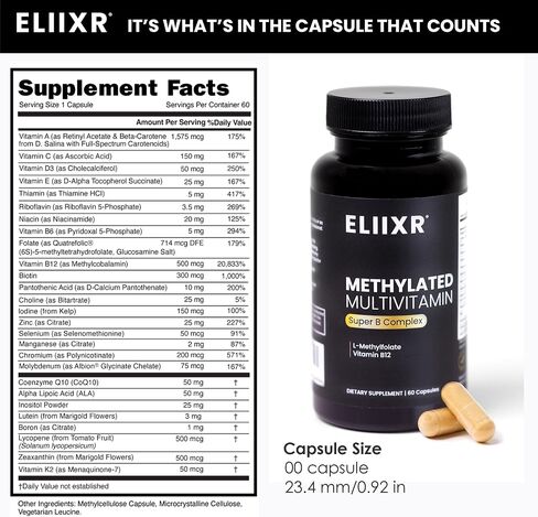 Methylated Multivitamin Methylfolate Supplement - Active B12 Methylcobalamin, Super B Complex for Men and Women - 60 Vegetable Capsules-Manufactured in The USA. in Saudi Arabia