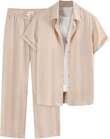 COZYEASE Men's 2 Piece Outfit Short Sleeve Button Down Shirt Loose Pants Set Summer Beach Vacation Outfits in Saudi Arabia
