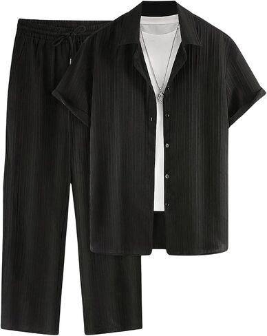COZYEASE Men's 2 Piece Outfit Short Sleeve Button Down Shirt Loose Pants Set Summer Beach Vacation Outfits in Saudi Arabia