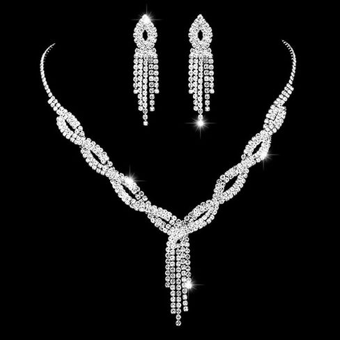 Unicra Silver Bride Necklace Earrings Set Bridal Wedding Jewelry Sets Rhinestone Prom Costume Choker Necklaces for Women and Girls (Silver-2 Pack Silver Necklace Earrings) in Saudi Arabia