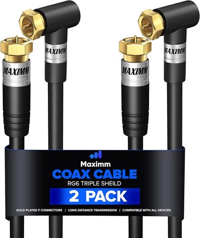 RG6 COAXIAL Cable with 90° Angled Connector - 4ft / Black / 2 Pack - Triple Shielded, Non-Oxygen Copper Cable Wire for TV, Internet & More - Flexible Coax Cable Cord in Saudi Arabia
