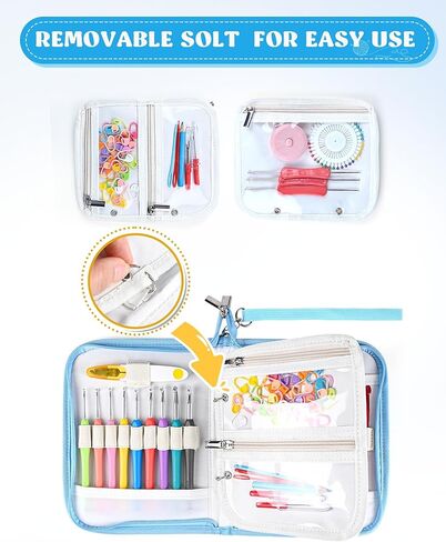 جراب بخطاف كروشيه من Telawsfun، جراب حامل كروشيه بحلقات وخيوط، حقيبة تخزين صغيرة مع حزام معصم قابل للإزالة، نمط أزرق (الجراب فقط) in Kuwait