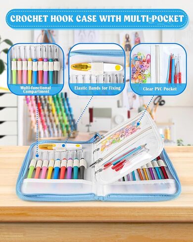جراب بخطاف كروشيه من Telawsfun، جراب حامل كروشيه بحلقات وخيوط، حقيبة تخزين صغيرة مع حزام معصم قابل للإزالة، نمط أزرق (الجراب فقط) in Kuwait