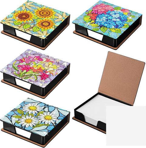 Saillong 4 Pcs Flower Theme Diamond Art Note Box Kit Sunflower Daisy Diamond Painting Memo Box Hydrangea Paper Holders with 160 Sticky Notes for DIY Office Supplies Gifts in Kuwait