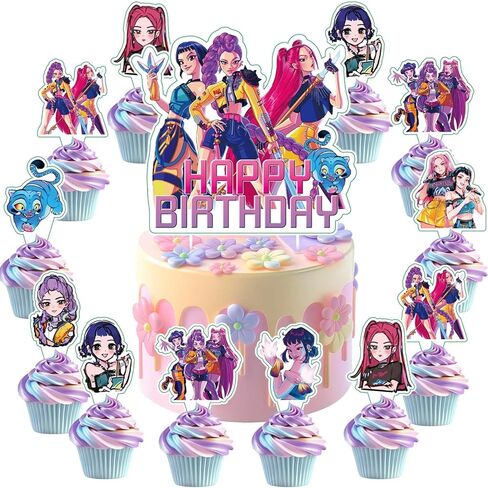 25Pcs Demon Movie Hunters Cake Decorations with 24pcs Cupcake Toppers, 1pcs Happy Birthday Cake Topper, Cartoon Themed Party Supplies, Perfect for Birthday Party Decorations in Kuwait