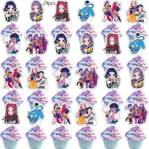 25Pcs Demon Movie Hunters Cake Decorations with 24pcs Cupcake Toppers, 1pcs Happy Birthday Cake Topper, Cartoon Themed Party Supplies, Perfect for Birthday Party Decorations in Kuwait