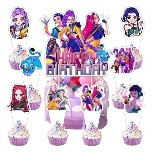 25Pcs Demon Movie Hunters Cake Decorations with 24pcs Cupcake Toppers, 1pcs Happy Birthday Cake Topper, Cartoon Themed Party Supplies, Perfect for Birthday Party Decorations in Kuwait