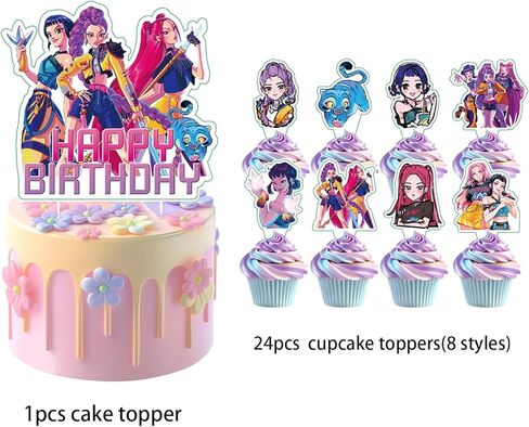 25Pcs Demon Movie Hunters Cake Decorations with 24pcs Cupcake Toppers, 1pcs Happy Birthday Cake Topper, Cartoon Themed Party Supplies, Perfect for Birthday Party Decorations in Kuwait