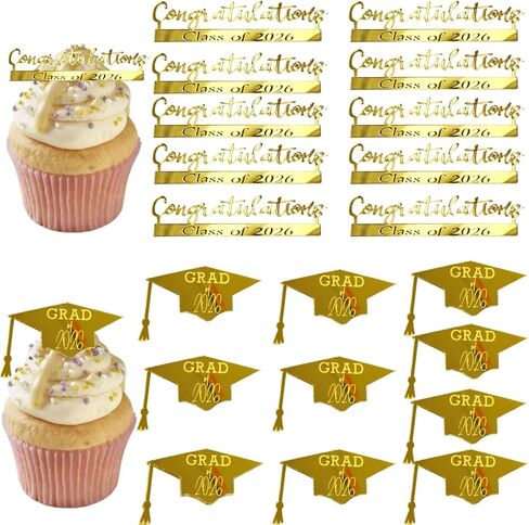 20 PCS Class of 2026 Graduation Cupcake Toppers, Gold Mirror Acrylic Congratulations Grad Hat Cake Decorations, 2026 Grad Cupcake Toppers Table Decorations Party Dessert Supplies in Kuwait
