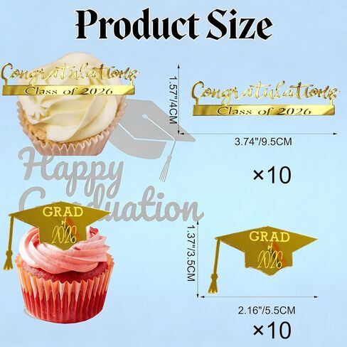 20 PCS Class of 2026 Graduation Cupcake Toppers, Gold Mirror Acrylic Congratulations Grad Hat Cake Decorations, 2026 Grad Cupcake Toppers Table Decorations Party Dessert Supplies in Kuwait
