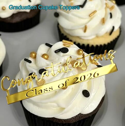 20 PCS Class of 2026 Graduation Cupcake Toppers, Gold Mirror Acrylic Congratulations Grad Hat Cake Decorations, 2026 Grad Cupcake Toppers Table Decorations Party Dessert Supplies in Kuwait