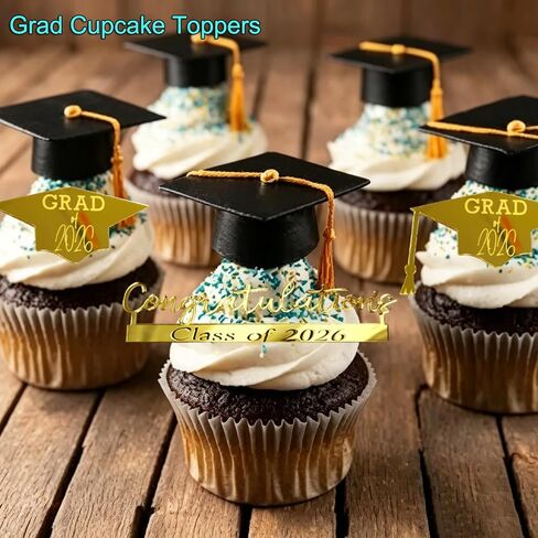 20 PCS Class of 2026 Graduation Cupcake Toppers, Gold Mirror Acrylic Congratulations Grad Hat Cake Decorations, 2026 Grad Cupcake Toppers Table Decorations Party Dessert Supplies in Kuwait