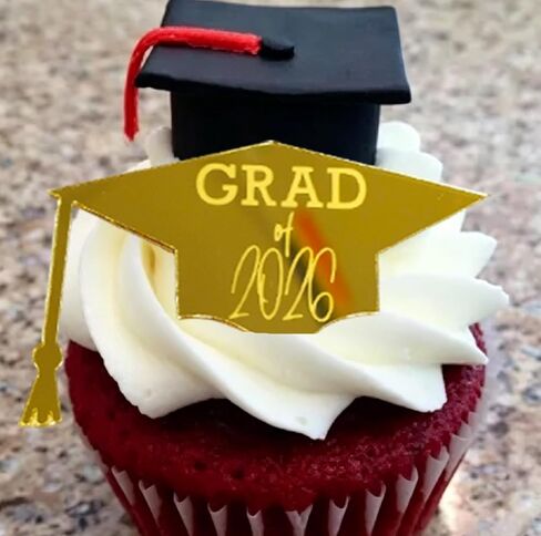 20 PCS Class of 2026 Graduation Cupcake Toppers, Gold Mirror Acrylic Congratulations Grad Hat Cake Decorations, 2026 Grad Cupcake Toppers Table Decorations Party Dessert Supplies in Kuwait