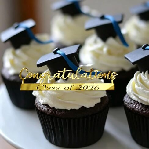 20 PCS Class of 2026 Graduation Cupcake Toppers, Gold Mirror Acrylic Congratulations Grad Hat Cake Decorations, 2026 Grad Cupcake Toppers Table Decorations Party Dessert Supplies in Kuwait