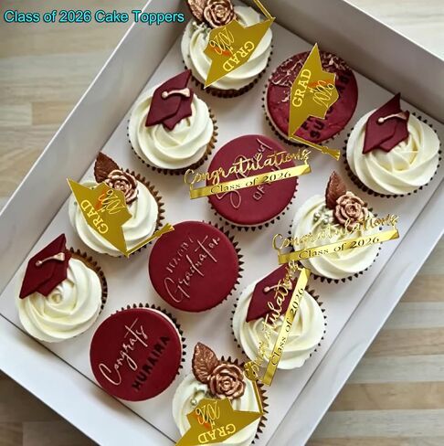 20 PCS Class of 2026 Graduation Cupcake Toppers, Gold Mirror Acrylic Congratulations Grad Hat Cake Decorations, 2026 Grad Cupcake Toppers Table Decorations Party Dessert Supplies in Kuwait
