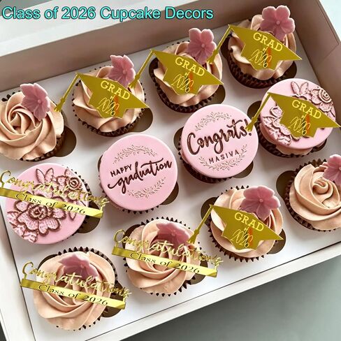 20 PCS Class of 2026 Graduation Cupcake Toppers, Gold Mirror Acrylic Congratulations Grad Hat Cake Decorations, 2026 Grad Cupcake Toppers Table Decorations Party Dessert Supplies in Kuwait