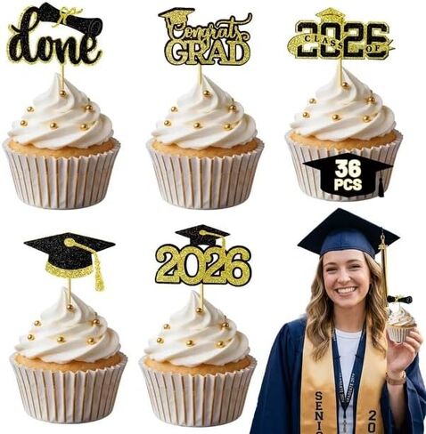 Graduation Decorations 2026 Cupcake Toppers, 36 Pcs Black & Gold Glitter Cap & Diploma Class of 2026 Cake Topper, Cake Picks & Toppers for Congrats Grad Party Decor Supplies in Kuwait