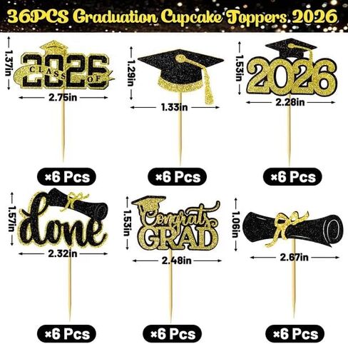 Graduation Decorations 2026 Cupcake Toppers, 36 Pcs Black & Gold Glitter Cap & Diploma Class of 2026 Cake Topper, Cake Picks & Toppers for Congrats Grad Party Decor Supplies in Kuwait