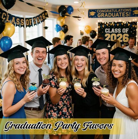 Graduation Decorations 2026 Cupcake Toppers, 36 Pcs Black & Gold Glitter Cap & Diploma Class of 2026 Cake Topper, Cake Picks & Toppers for Congrats Grad Party Decor Supplies in Kuwait