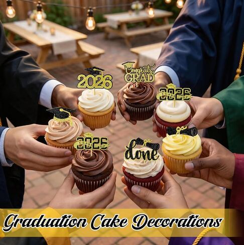 Graduation Decorations 2026 Cupcake Toppers, 36 Pcs Black & Gold Glitter Cap & Diploma Class of 2026 Cake Topper, Cake Picks & Toppers for Congrats Grad Party Decor Supplies in Kuwait