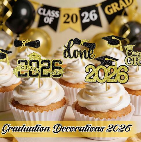 Graduation Decorations 2026 Cupcake Toppers, 36 Pcs Black & Gold Glitter Cap & Diploma Class of 2026 Cake Topper, Cake Picks & Toppers for Congrats Grad Party Decor Supplies in Kuwait