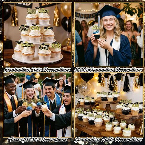 Graduation Decorations 2026 Cupcake Toppers, 36 Pcs Black & Gold Glitter Cap & Diploma Class of 2026 Cake Topper, Cake Picks & Toppers for Congrats Grad Party Decor Supplies in Kuwait