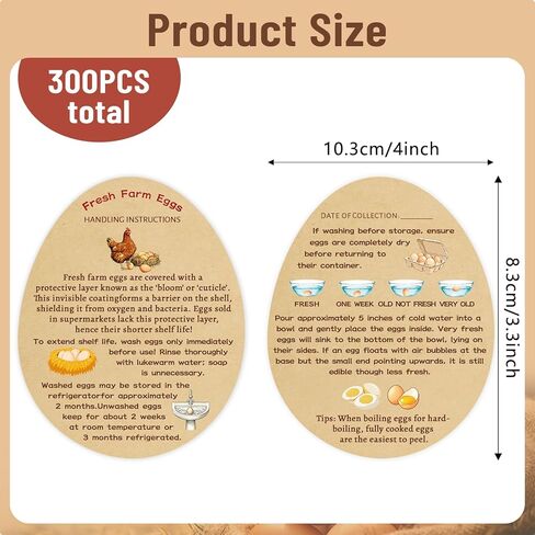 300 قطعة من بطاقات تعليمات التعامل مع بيض المزرعة الطازج، 3.3 × 4 بوصات مخصصة لطوابع كرتون البيض، ملصقات رخيصة لعلامة البيض الطازج - بطاقات عمل للعناية بالبيض على شكل بيضة قابلة لإعادة الاستخدام، على الوجهين in Kuwait