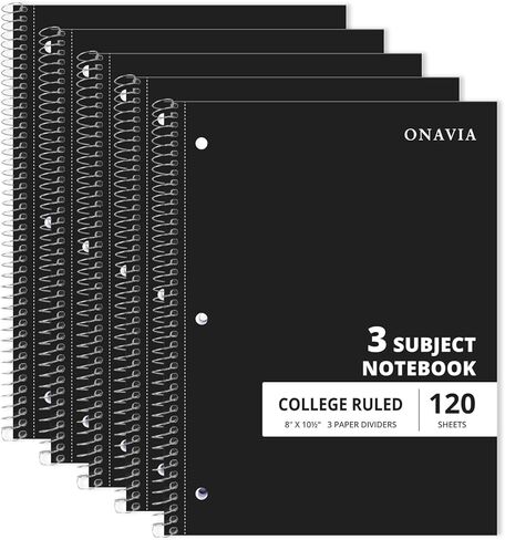 دفتر ملاحظات حلزوني مكون من 3 موضوعات من ONAVIA، 5 عبوات، مسطر بالكلية، 8 × 10.5 بوصة، 120 ورقة، 3 فتحات مثقوبة مع فواصل وجيوب مزدوجة الجوانب للمدرسة، والدراسة، والواجبات المنزلية، وألوان متنوعة in Kuwait