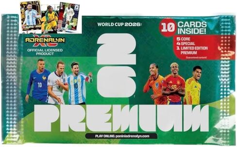 بطاقات Adrenalyn XL Panini World Cup 2026 لكرة القدم، مجموعة حصرية مختومة من المصنع مكونة من 10 بطاقات مميزة. ابحث عن أفضل النجوم مثل رونالدو وميسي ويمال والمزيد! in Kuwait