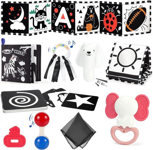 Baby Toys for 0-6 Months, High Contrast Black and White Sensory Toys for Newborn 0-6 M, Rattle Teether Tummy Time Audio Visual Stimulation Learning Activity for 0-12 Months, Baby Boy Girl Gifts 10 Pcs in Saudi Arabia