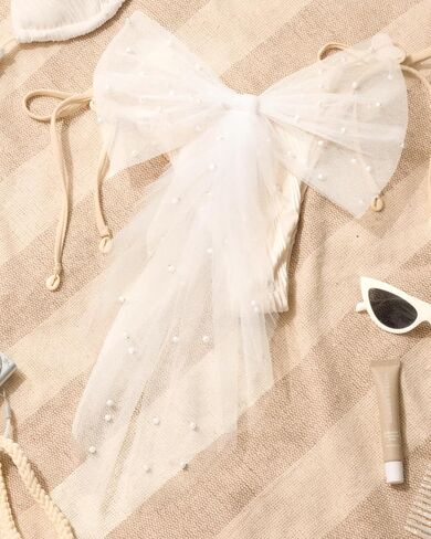 xo, Fetti Pearl Bikini Bow | Bachelorette Pool Party, Bathing Suit Accessory, Beach Bach, Summer Bride To Be Swimsuit Outfit, Bridal Shower, White Tulle in Kuwait