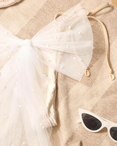 xo, Fetti Pearl Bikini Bow | Bachelorette Pool Party, Bathing Suit Accessory, Beach Bach, Summer Bride To Be Swimsuit Outfit, Bridal Shower, White Tulle in Kuwait