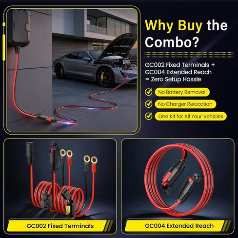 For NOCO Smart Battery Charger GC002 GC004 X-Connect Charger Accessories Combo, M6 (1/4in) XL Eyelet Terminal Cables with 10.5FT Extension Cord+2FT Extension Smart Batteries Trickle Chargers Cable in Kuwait