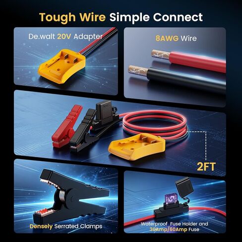 كابلات توصيل متوافقة مع بطاريات ديوالت 20 فولت، كابلات معززة للسيارات 8AWG 2FT مع محول كابل توصيل ديوالت، كابلات معززة للسيارات قوة لبدء تشغيل السيارة أو بطاريات الأدوات in Kuwait