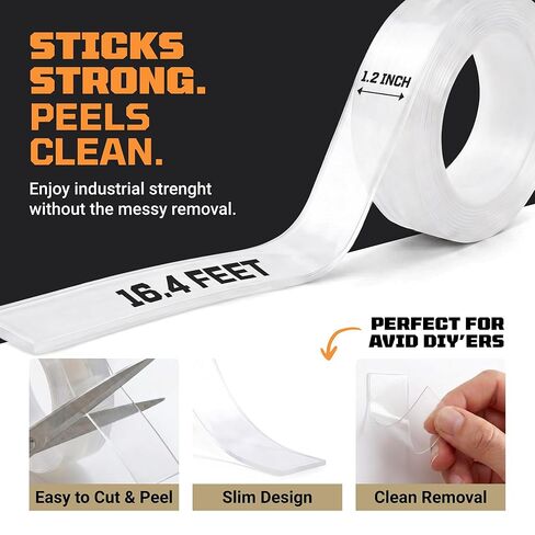 TOOLTROOPERS Wall-Safe Double-Sided Mounting Tape - Heavy-Duty 2-Sided Adhesive Tape - Damage-Free Removal, No Residue - Easy-Peel Liner for Home, Office, DIY, Posters & Signs – 16.4 ft Roll (Clear) in Kuwait