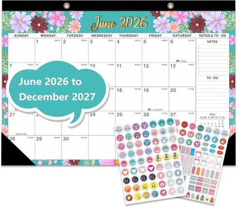 2026-2027 Desk Calendar - 19 Month Desk Calendar 2026-2027, Jun 2026 - Dec 2027, 17" x 12", Large Monthly Desktop Calendar with Daily Blocks, Thick Paper, Corner Protectors - Floral (2 Stickers Included) in Kuwait
