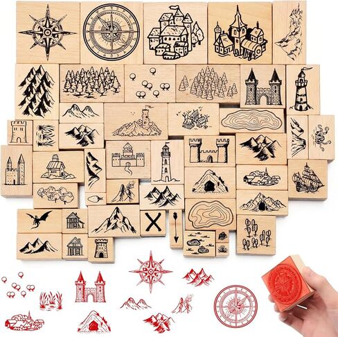 Marspark 48 Pcs Map Making Stamp Kit Compass Mountains Vintage Rubber Stamp Kit Compass Outdoor Scenery Stamps for RPG Adventures Storytelling Creative Projects DIY Crafts Scrap Booking Supplies in Kuwait