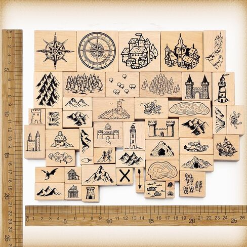 Marspark 48 Pcs Map Making Stamp Kit Compass Mountains Vintage Rubber Stamp Kit Compass Outdoor Scenery Stamps for RPG Adventures Storytelling Creative Projects DIY Crafts Scrap Booking Supplies in Kuwait
