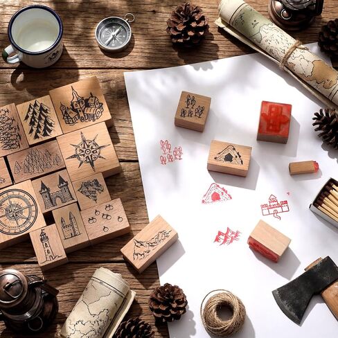 Marspark 48 Pcs Map Making Stamp Kit Compass Mountains Vintage Rubber Stamp Kit Compass Outdoor Scenery Stamps for RPG Adventures Storytelling Creative Projects DIY Crafts Scrap Booking Supplies in Kuwait
