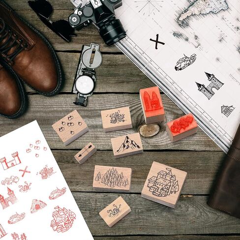 Marspark 48 Pcs Map Making Stamp Kit Compass Mountains Vintage Rubber Stamp Kit Compass Outdoor Scenery Stamps for RPG Adventures Storytelling Creative Projects DIY Crafts Scrap Booking Supplies in Kuwait