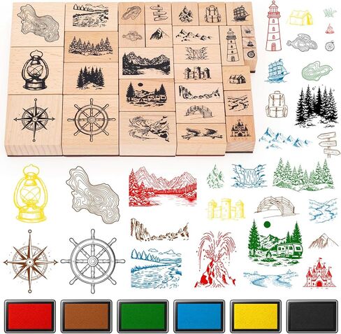 Marspark 30 Pcs Map Stamps Mountain Tree Wooden Rubber Stamp with 6 Colors Ink Pads Set Vintage Compass Outdoor Scenery Stamps for Journaling Card Making DIY Scrapbooking Supplies Crafting in Kuwait