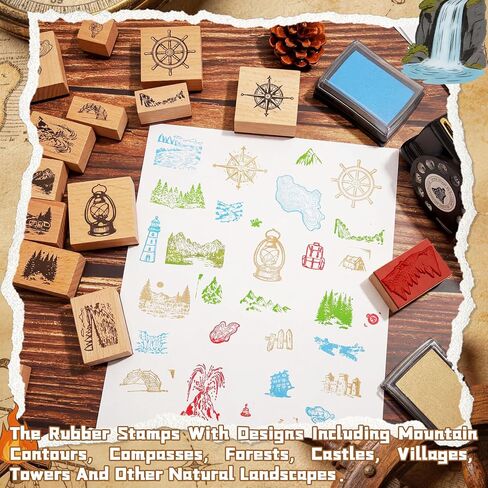 Marspark 30 Pcs Map Stamps Mountain Tree Wooden Rubber Stamp with 6 Colors Ink Pads Set Vintage Compass Outdoor Scenery Stamps for Journaling Card Making DIY Scrapbooking Supplies Crafting in Kuwait
