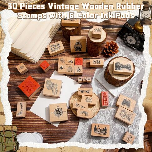 Marspark 30 Pcs Map Stamps Mountain Tree Wooden Rubber Stamp with 6 Colors Ink Pads Set Vintage Compass Outdoor Scenery Stamps for Journaling Card Making DIY Scrapbooking Supplies Crafting in Kuwait