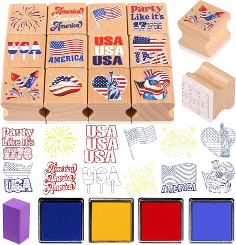 HOWAF USA Patriotic Wooden Rubber Stamps Set, 12pcs 4th of July Stamps Ink Pads for Independence Day DIY Crafts, 250 Years of Freedom Party Favors American Flag Inking Stamp Rubber Stamp in Kuwait