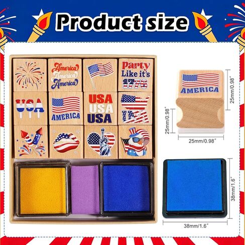 HOWAF USA Patriotic Wooden Rubber Stamps Set, 12pcs 4th of July Stamps Ink Pads for Independence Day DIY Crafts, 250 Years of Freedom Party Favors American Flag Inking Stamp Rubber Stamp in Kuwait