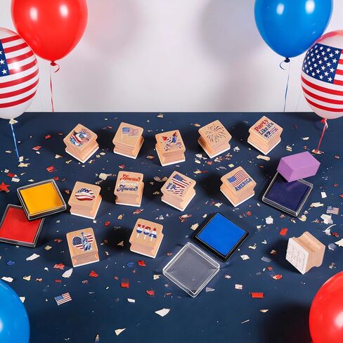 HOWAF USA Patriotic Wooden Rubber Stamps Set, 12pcs 4th of July Stamps Ink Pads for Independence Day DIY Crafts, 250 Years of Freedom Party Favors American Flag Inking Stamp Rubber Stamp in Kuwait