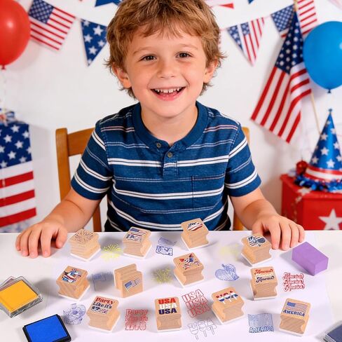 HOWAF USA Patriotic Wooden Rubber Stamps Set, 12pcs 4th of July Stamps Ink Pads for Independence Day DIY Crafts, 250 Years of Freedom Party Favors American Flag Inking Stamp Rubber Stamp in Kuwait