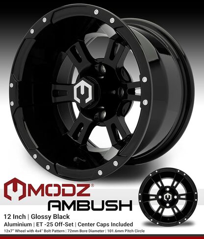 MODZ® Ambush Glossy Black 12" Golf Cart Wheels and Arisun Cruze (215/50-12) DOT Low Profile Golf Cart Tires Combo - Set of 4 in Saudi Arabia