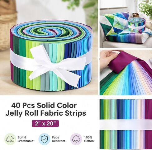 40-Piece Fabric Strips 6.5cm x 50cm(2.5in x 20in) for Adults,Pre-Cut Cotton Quilting Strips with Solid and Gradient Colors for Crafts,DIY Sewing,Home Decor,and Craft Projects in Kuwait